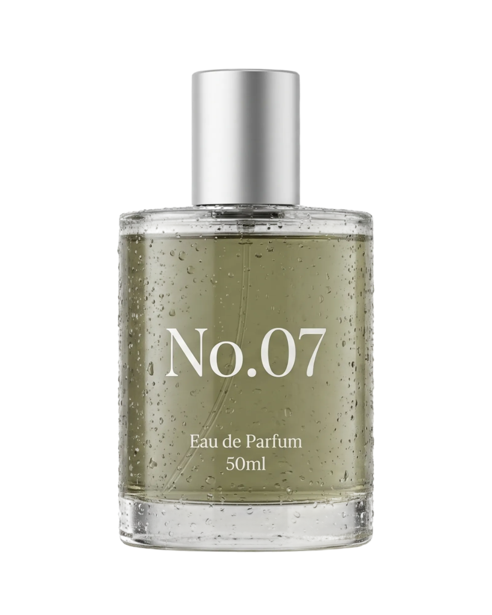No.07 비자림, 비 그친 뒤 오 드 퍼퓸 50ml 병. 연한 올리브빛 액이 담긴 유리병.